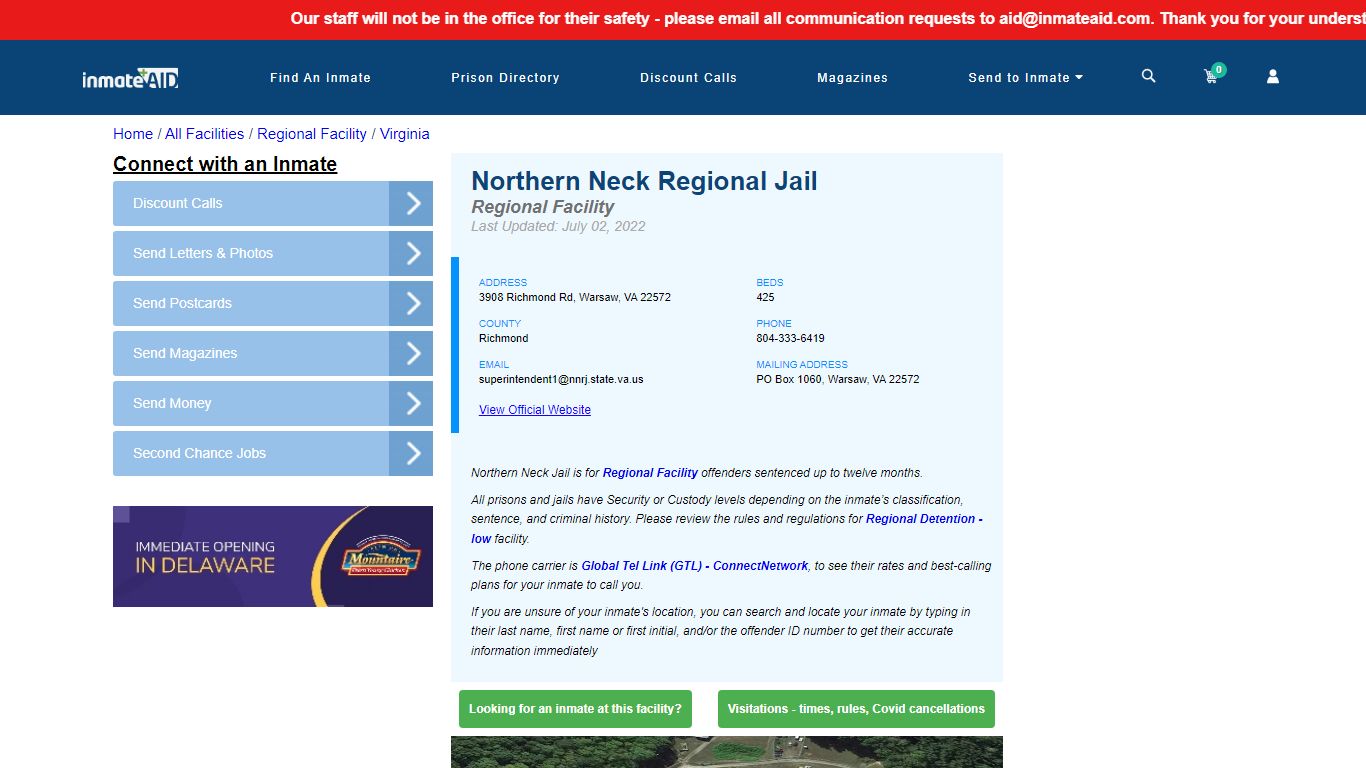 Northern Neck Regional Jail & Inmate Search - Warsaw, VA