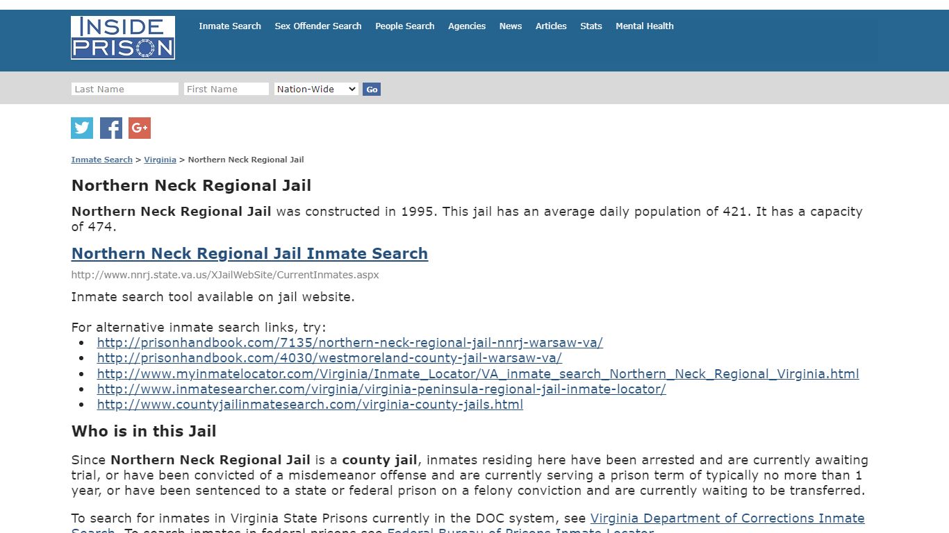 Northern Neck Regional Jail - Virginia - Inmate Search
